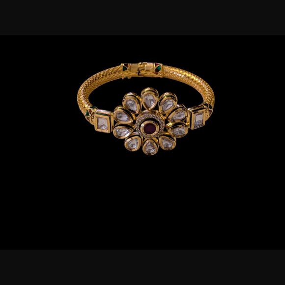 Kudan Gold Plated Ruby And CZ Hinged Bangle Bracelet 6.25" - Picture 10 of 12